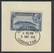 Gibraltar 1931-33 KG5 Rock 3d blue (SG 113) on piece with full strike of Madame Joseph forged postmark type 188