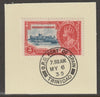 Trinidad & Tobago 1935 KG5 Silver Jubilee 3c (SG 240) on piece with full strike of Madame Joseph forged postmark type 421 (First day of issue)