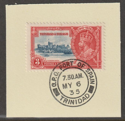 Trinidad & Tobago 1935 KG5 Silver Jubilee 3c (SG 240) on piece with full strike of Madame Joseph forged postmark type 421 (First day of issue)
