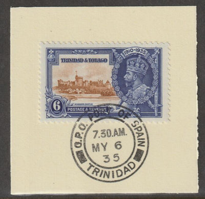 Trinidad & Tobago 1935 KG5 Silver Jubilee 6c (SG 241) on piece with full strike of Madame Joseph forged postmark type 421 (First day of issue)