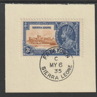 Sierra Leone 1935 KG5 Silver Jubilee 3d (SG 182) on piece with full strike of Madame Joseph forged postmark type 393 (First day of issue)