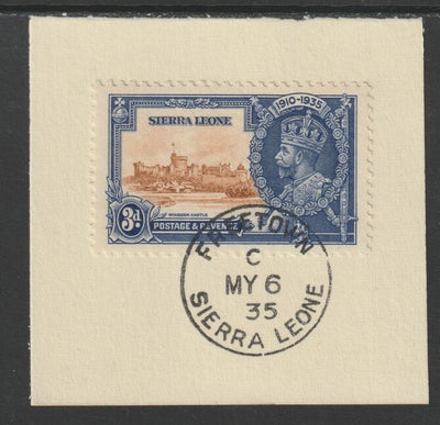 Sierra Leone 1935 KG5 Silver Jubilee 3d (SG 182) on piece with full strike of Madame Joseph forged postmark type 393 (First day of issue)