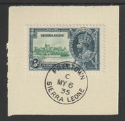 Sierra Leone 1935 KG5 Silver Jubilee 5d (SG 183) on piece with full strike of Madame Joseph forged postmark type 393 (First day of issue)