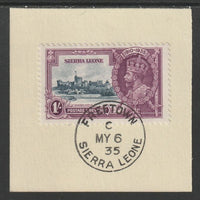Sierra Leone 1935 KG5 Silver Jubilee 1s (SG 184) on piece with full strike of Madame Joseph forged postmark type 393 (First day of issue)