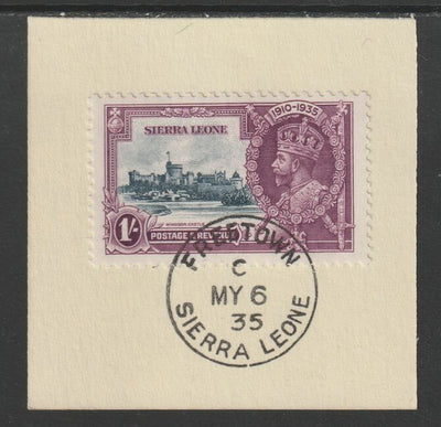 Sierra Leone 1935 KG5 Silver Jubilee 1s (SG 184) on piece with full strike of Madame Joseph forged postmark type 393 (First day of issue)