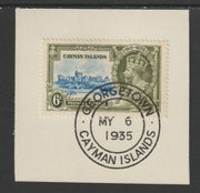 Cayman Islands 1935 KG5 Silver Jubilee 6d (SG 110) on piece with full strike of Madame Joseph forged postmark type 114 (First day of issue)
