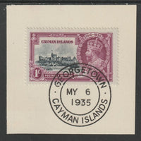Cayman Islands 1935 KG5 Silver Jubilee 1s (SG 111) on piece with full strike of Madame Joseph forged postmark type 114 (First day of issue)