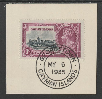 Cayman Islands 1935 KG5 Silver Jubilee 1s (SG 111) on piece with full strike of Madame Joseph forged postmark type 114 (First day of issue)