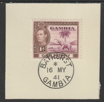 Gambia 1938-46 KG6 Elephant & Palm 1d on piece with full strike of Madame Joseph forged postmark type 174