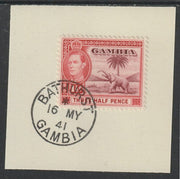 Gambia 1938-46 KG6 Elephant & Palm 1.5d brown-lake & vermilion on piece with full strike of Madame Joseph forged postmark type 174