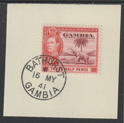 Gambia 1938-46 KG6 Elephant & Palm 1.5d brown-lake & vermilion on piece with full strike of Madame Joseph forged postmark type 174