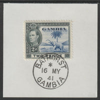 Gambia 1938-46 KG6 Elephant & Palm 2d blue & black on piece with full strike of Madame Joseph forged postmark type 174