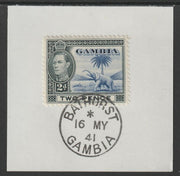 Gambia 1938-46 KG6 Elephant & Palm 2d blue & black on piece with full strike of Madame Joseph forged postmark type 174