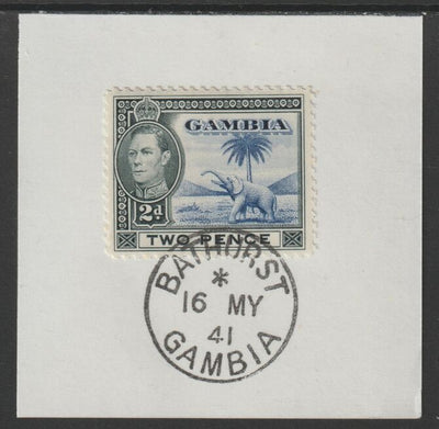 Gambia 1938-46 KG6 Elephant & Palm 2d blue & black on piece with full strike of Madame Joseph forged postmark type 174