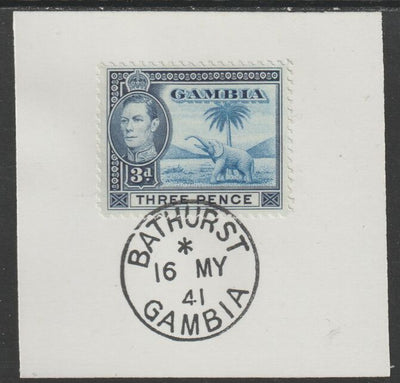 Gambia 1938-46 KG6 Elephant & Palm 3d on piece with full strike of Madame Joseph forged postmark type 174