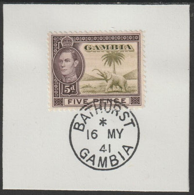 Gambia 1938-46 KG6 Elephant & Palm 5d on piece with full strike of Madame Joseph forged postmark type 174
