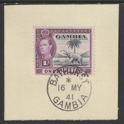 Gambia 1938-46 KG6 Elephant & Palm 1s on piece with full strike of Madame Joseph forged postmark type 174