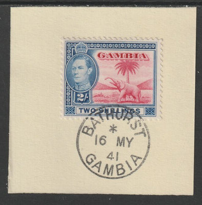 Gambia 1938-46 KG6 Elephant & Palm 2s on piece with full strike of Madame Joseph forged postmark type 174