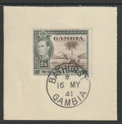 Gambia 1938-46 KG6 Elephant & Palm 2s6d on piece with full strike of Madame Joseph forged postmark type 174