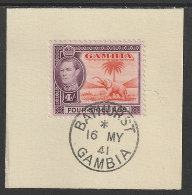 Gambia 1938-46 KG6 Elephant & Palm 4s on piece with full strike of Madame Joseph forged postmark type 174