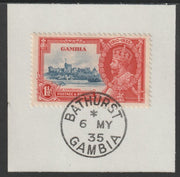 Gambia 1935 KG5 Silver Jubilee 1.5d on piece with full strike of Madame Joseph forged postmark type 172