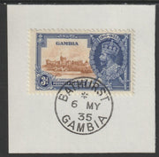 Gambia 1935 KG5 Silver Jubilee 3d on piece with full strike of Madame Joseph forged postmark type 172