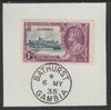 Gambia 1935 KG5 Silver Jubilee 1s on piece with full strike of Madame Joseph forged postmark type 172