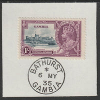 Gambia 1935 KG5 Silver Jubilee 1s on piece with full strike of Madame Joseph forged postmark type 172