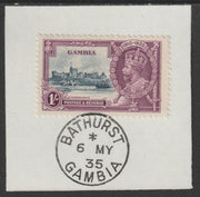 Gambia 1935 KG5 Silver Jubilee 1s on piece with full strike of Madame Joseph forged postmark type 172