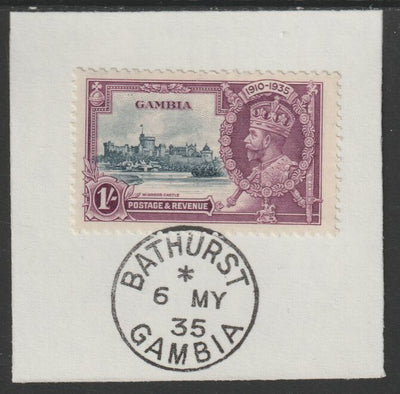 Gambia 1935 KG5 Silver Jubilee 1s on piece with full strike of Madame Joseph forged postmark type 172