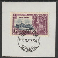 Bermuda 1935 KG5 Silver Jubilee 1s (SG 97) on piece with full strike of Madame Joseph forged postmark type 61 (First day of issue)