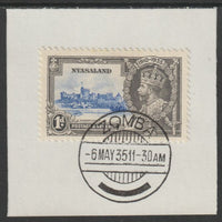 Nyasaland 1935 KG5 Silver Jubilee 1d (SG 123) on piece with full strike of Madame Joseph forged postmark type 314 (First day of issue)