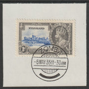 Nyasaland 1935 KG5 Silver Jubilee 1d (SG 123) on piece with full strike of Madame Joseph forged postmark type 314 (First day of issue)