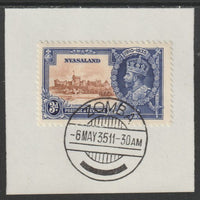 Nyasaland 1935 KG5 Silver Jubilee 3d (SG 125) on piece with full strike of Madame Joseph forged postmark type 314 (First day of issue)