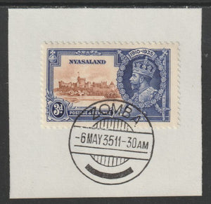 Nyasaland 1935 KG5 Silver Jubilee 3d (SG 125) on piece with full strike of Madame Joseph forged postmark type 314 (First day of issue)