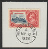 Montserrat 1935 KG5 Silver Jubilee 1d (SG 94) on piece with full strike of Madame Joseph forged postmark type 259 (First day of issue)