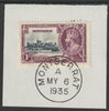 Montserrat 1935 KG5 Silver Jubilee 1s (SG 97) on piece with full strike of Madame Joseph forged postmark type 259 (First day of issue)