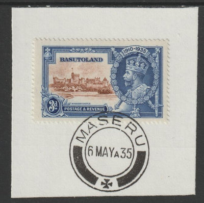 Basutoland 1935 KG5 Silver Jubilee 3d (SG 13) on piece with full strike of Madame Joseph forged postmark type 52 (First day of issue)