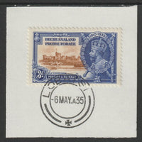 Bechuanaland 1935 KG5 Silver Jubilee 3d (SG 113) on piece with full strike of Madame Joseph forged postmark type 55 (First day of issue)