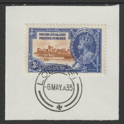 Bechuanaland 1935 KG5 Silver Jubilee 3d (SG 113) on piece with full strike of Madame Joseph forged postmark type 55 (First day of issue)