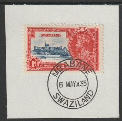 Swaziland 1935 KG5 Silver Jubilee 1d (SG 21) on piece with full strike of Madame Joseph forged postmark type 407 (First day of issue)