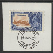Swaziland 1935 KG5 Silver Jubilee 3d (SG 23) on piece with full strike of Madame Joseph forged postmark type 407 (First day of issue)