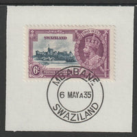 Swaziland 1935 KG5 Silver Jubilee 6d (SG 24) on piece with full strike of Madame Joseph forged postmark type 407 (First day of issue)