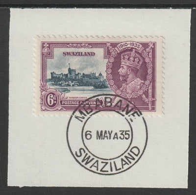 Swaziland 1935 KG5 Silver Jubilee 6d (SG 24) on piece with full strike of Madame Joseph forged postmark type 407 (First day of issue)