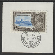 British Honduras 1935 KG5 Silver Jubilee 3c (SG 143) on piece with full strike of Madame Joseph forged postmark type 75 (First day of issue)