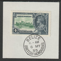 British Honduras 1935 KG5 Silver Jubilee 4c (SG 144) on piece with full strike of Madame Joseph forged postmark type 75 (First day of issue)