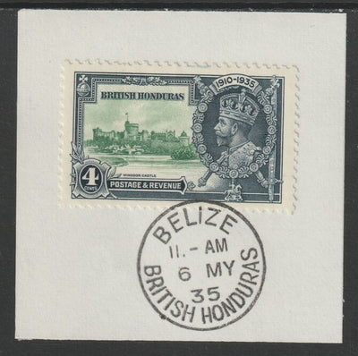 British Honduras 1935 KG5 Silver Jubilee 4c (SG 144) on piece with full strike of Madame Joseph forged postmark type 75 (First day of issue)