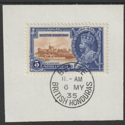 British Honduras 1935 KG5 Silver Jubilee 5c (SG 145) on piece with full strike of Madame Joseph forged postmark type 75 (First day of issue)