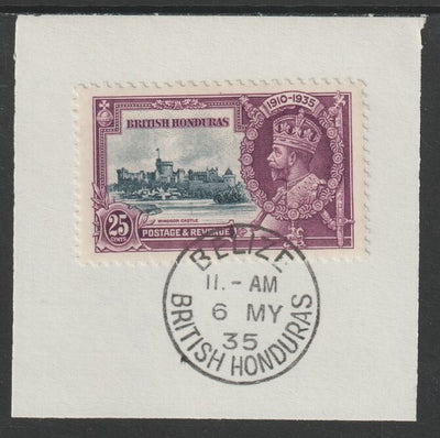 British Honduras 1935 KG5 Silver Jubilee 25c (SG 146) on piece with full strike of Madame Joseph forged postmark type 75 (First day of issue)