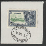 Nigeria 1935 KG5 Silver Jubilee 2d (SG 31) on piece with full strike of Madame Joseph forged postmark type 300 (First day of issue)